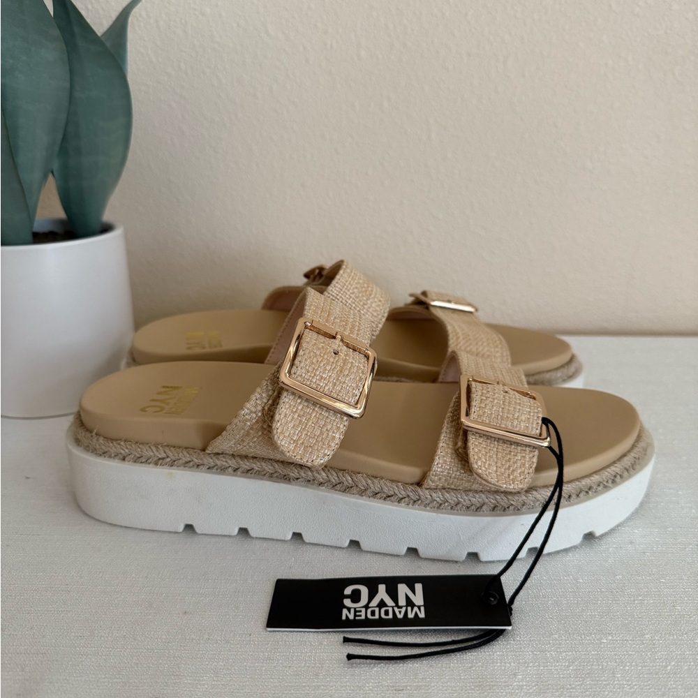 New Madden NYC Tan Platform Espadrille Slide Sandals